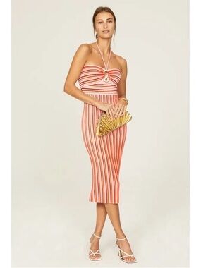 AMUR Coral and Cream Striped Halter Knit Midi Dress